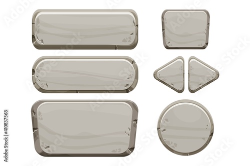 Stone buttons collection, set of rock assets in cartoon style isolated on white background. Mineral detailed objects ui game interface, app pannel.