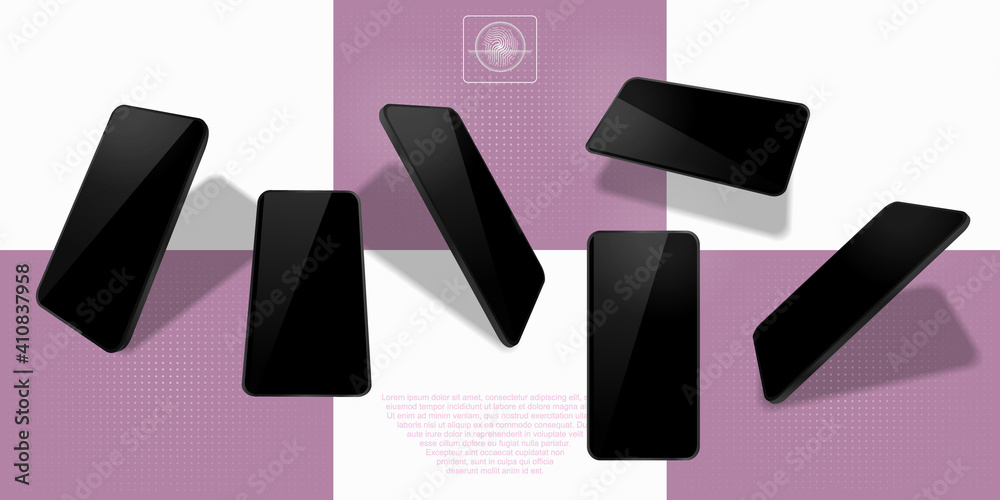 Obraz premium Realistic smartphone mockup set. Frameless smartphone. Smartphone mockup design UI, UX. Smartphone template with blank display from different sides and angles. 3D mobile phone design