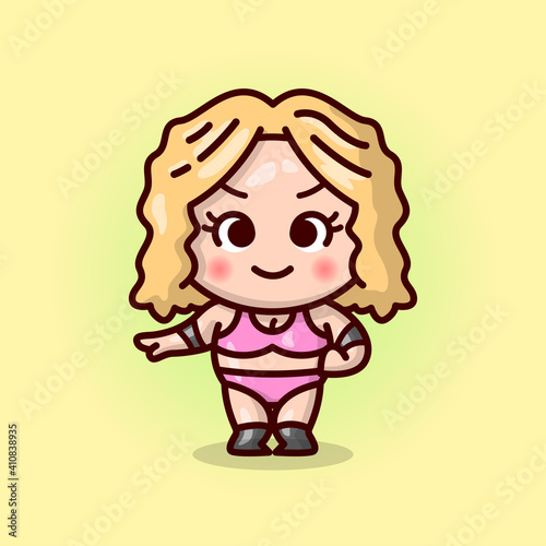 CUTE BLONDE WOMAN WRESTLER IN PINK OUTFIT.