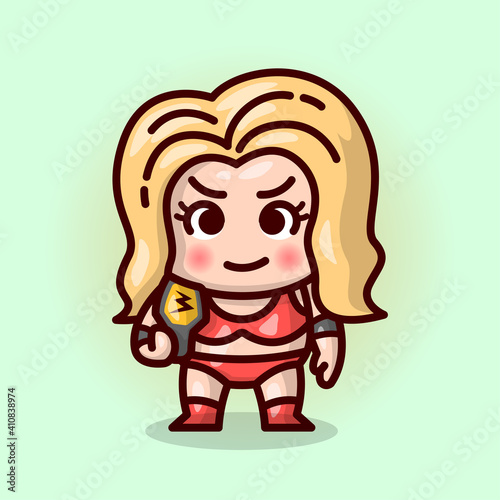 CUTE BLONDE WOMAN WRESTLER IN RED OUTFIT AND BRING A CHAMPION BELT.