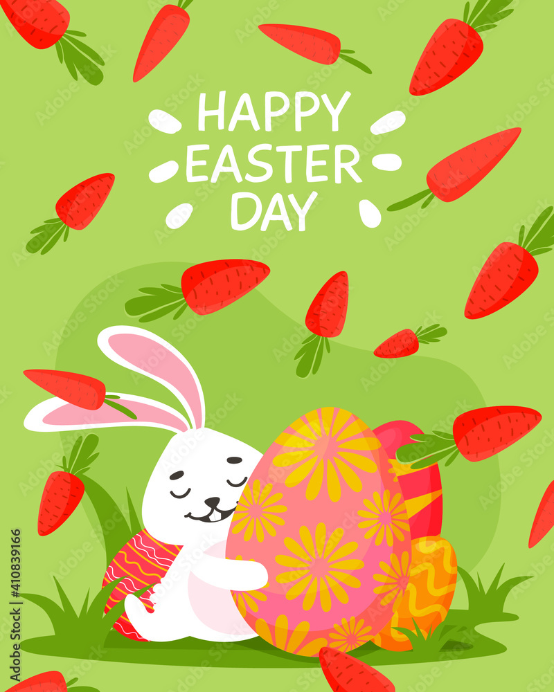 Obraz premium Cute Easter card. Easter eggs, bunny grass and greetings. Vector illustration. For banners, flyers of the main page of the site