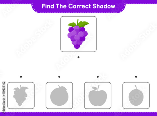 Find the correct shadow. Find and match the correct shadow of Grape. Educational children game, printable worksheet, vector illustration