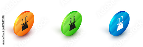 Isometric Magician hat and rabbit ears icon isolated on white background. Magic trick. Mystery entertainment concept. Circle button. Vector.