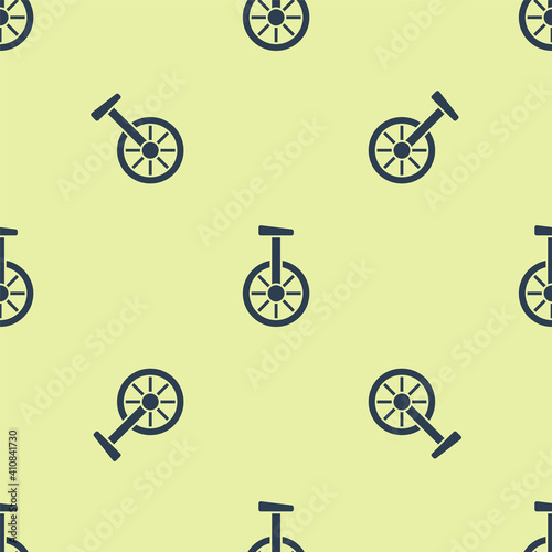Blue Unicycle or one wheel bicycle icon isolated seamless pattern on yellow background. Monowheel bicycle. Vector.