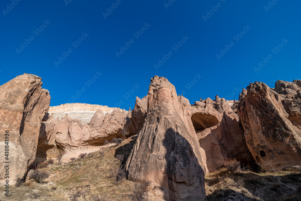 Fototapeta premium Beautiful historical and touristic places in Zelve valley , fairy chimneys, cave houses, Cappadocia, Nevsehir, Turkey