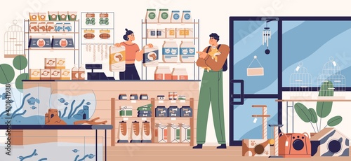 People in pet store buying food for dog. Buyer and seller inside zoo shop with toys, feed and other products for animals. Colored flat vector illustration of modern petshop interior photo