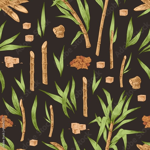 Seamless pattern with heaps and cubes of brown sugar, cane leaves and branches. Endless repeatable texture with sugarcane. Hand drawn vector illustration on black background