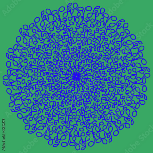 Fototapeta Naklejka Na Ścianę i Meble -  Round pattern of blue lace elements on a green background for the cover.