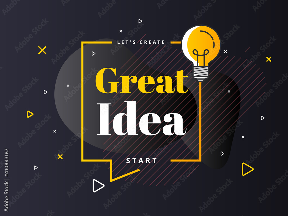 Great idea badge with light bulb on speech bubble. Trendy flat vector illustration. 