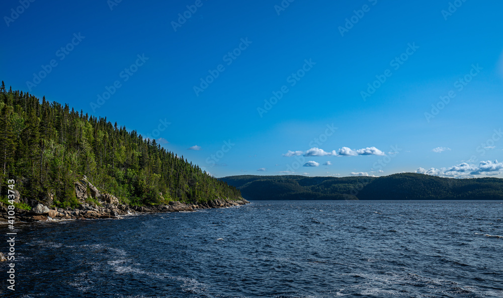 Rocks and huge and green trees flowing into the Fjord du Saguenay in Quebec Province during a windy day. 