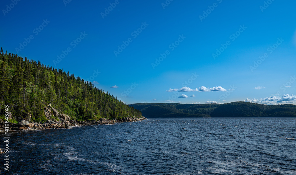 Rocks and huge and green trees flowing into the Fjord du Saguenay in Quebec Province during a windy day. Rocks and huge and green trees flowing into the Fjord du Saguenay in Quebec Province during a windy day.