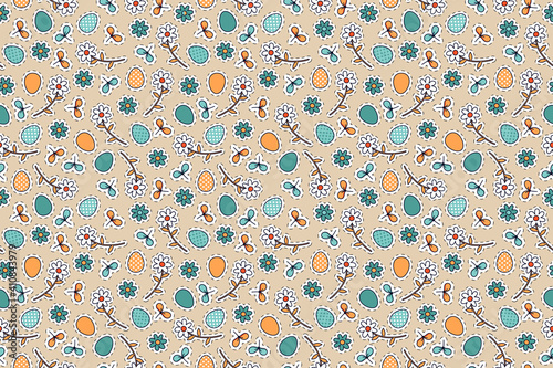 Easter seamless pattern with flowers and eggs. Stock illustration for web, print, wrapping and scrapbooking paper, wallpaper and background.