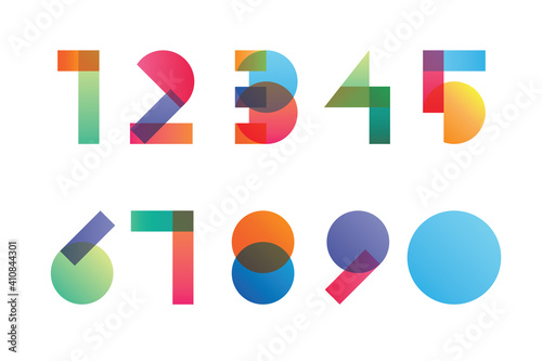 Colorful gradient overlapping transparent shapes numerals from 1 to 0