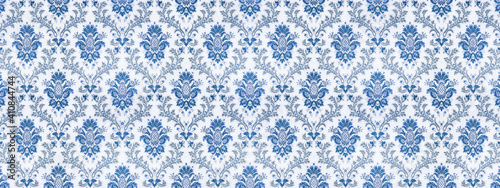 Old retro antique vintage rough blue white wallpaper texture background banner panorama, with seamless pineapple, flower and leaf print motive