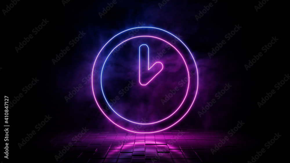 Pink and blue neon light clock icon. Vibrant colored time technology symbol, isolated on a black background. 3D Render Pink and blue neon light clock icon. Vibrant colored time technology symbol, isolated on a black background. 3D Render
