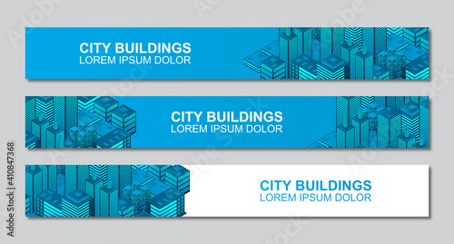 Template of isometric city buildings banner design with space for text. Modern third banner template design. Colorful thirds set template vector. Vector illustration