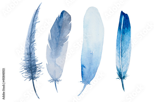 Set of watercolor blue feathers on white background. Bird's feather. Variegated feather.