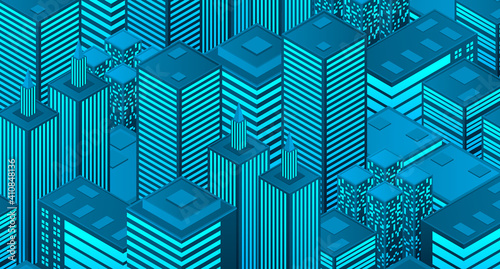 Isometric city buildings. Urban illustration with buildings. Night atmosphere with city buildings. Vector illustration