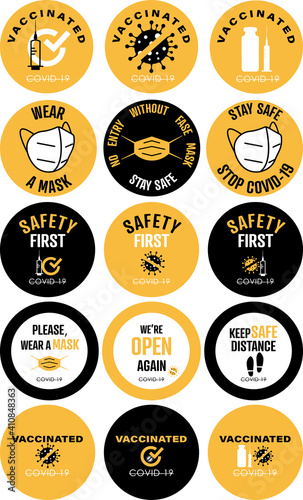 Covid-19 set. Vaccinated Stamps. Stay safe logo. Wear a mask. Keep safe distance. Flat vector illustration. © Stafeeva