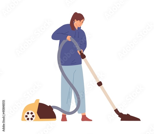 Young woman cleaning home with manual vacuum cleaner. Smiling homemaker running vac during cleanup. Colored flat vector illustration isolated on white background