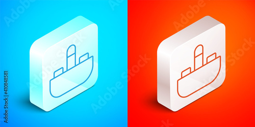 Isometric line Washbasin with water tap icon isolated on blue and red background. Silver square button. Vector.