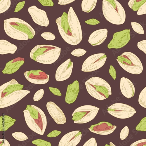 Seamless pistachio pattern with peeled nuts and unopened pistaches in nutshells on dark background. Endless repeatable design. Hand-drawn colored vector illustration for wrapping