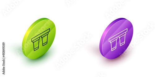 Isometric line Water filter icon isolated on white background. System for filtration of water. Reverse osmosis system. Green and purple circle buttons. Vector.