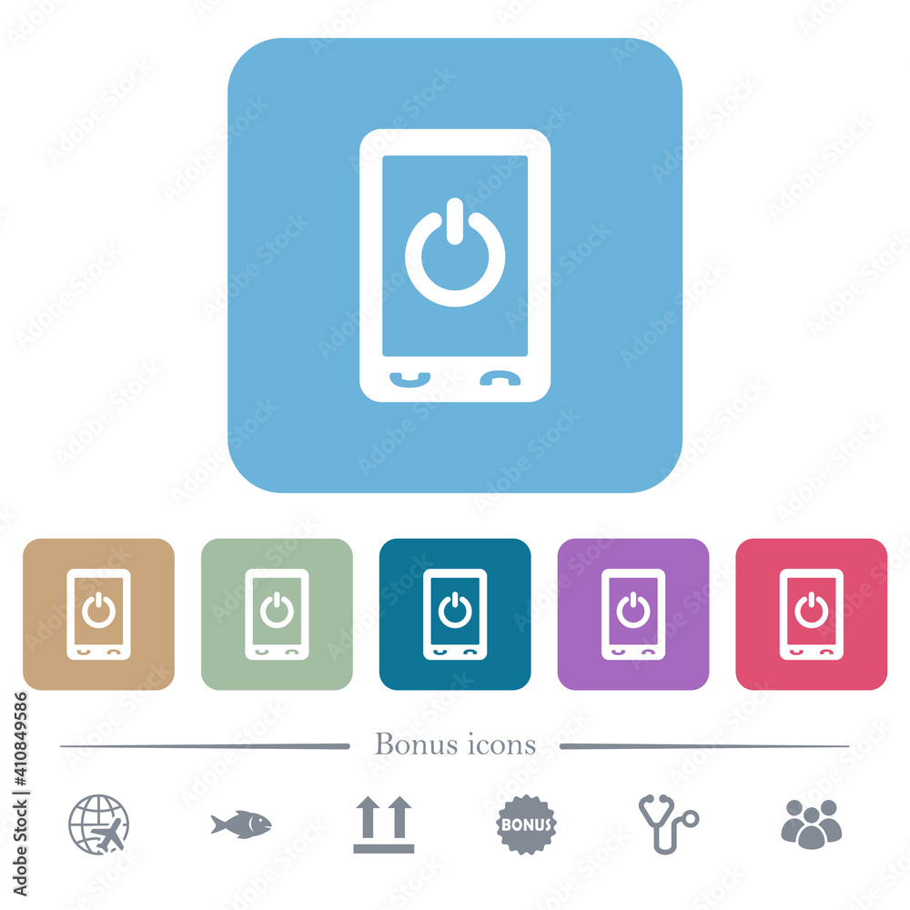 Mobile power off flat icons on color rounded square backgrounds Mobile power off flat icons on color rounded square backgrounds