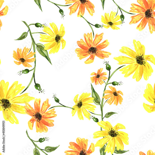 Vintage seamless watercolor pattern of plants. Herbs  flowers  chamomile  flowers watercolor. abstract splash of paint. flowers sunflower  leaves  calendula.yellow  drawing of calendula  marigolds. 