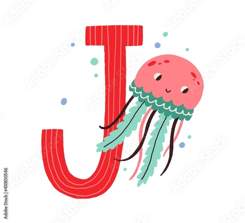 Capital letter J of English childish alphabet with jellyfish. Funny kids font...