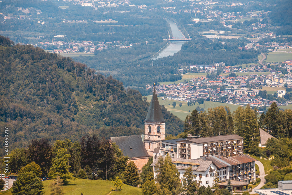 Beautiful alpine summer landscape view with a church at Hallein, Salzburg, Austria