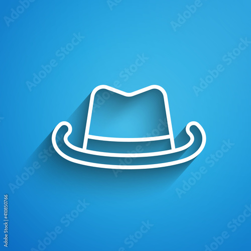 White line Western cowboy hat icon isolated on blue background. Long shadow. Vector.