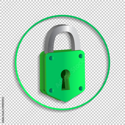 Round cartoon icon with green old 3d padlock and shadow. EPS10