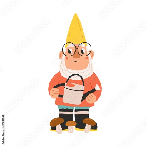 Cute and funny garden gnome or dwarf in glasses holding watering can. Hand-dr...