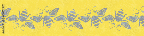 Honey bee vector seamless border. Grey silhouette stencil style hand drawn flying insect on yellow backdrop. Garden winged bug banner. For edging, trim, ribbon. Garden or conservation concept.