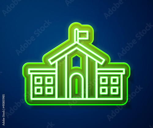 Glowing neon line United States Capitol Congress icon isolated on blue background. Washington DC, USA. Vector.