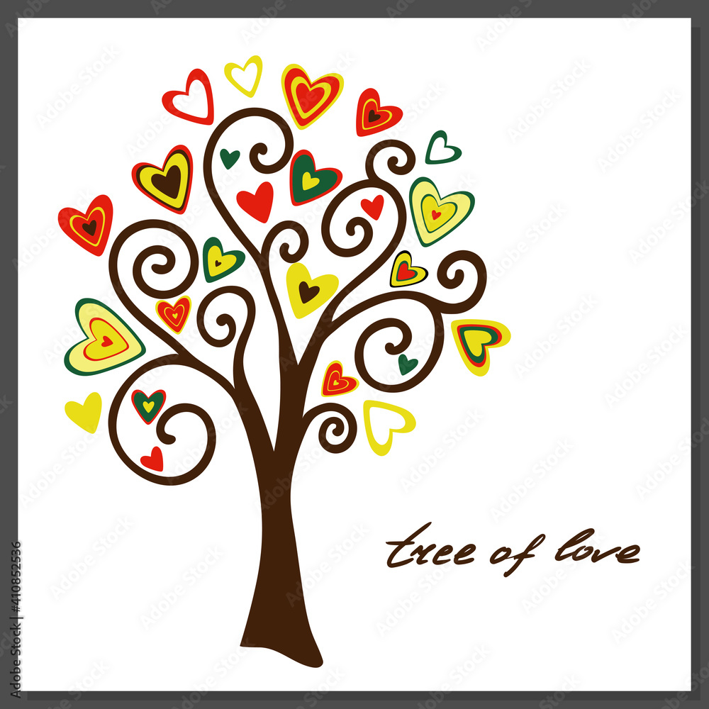 The tree of love. Vector postcard, a tree with bright hearts instead of leaves and with an inscription on a transparent background. Underlay imitating shadow. The tree of love. Vector postcard, a tree with bright hearts instead of leaves and with an inscription on a transparent background. Underlay imitating shadow.