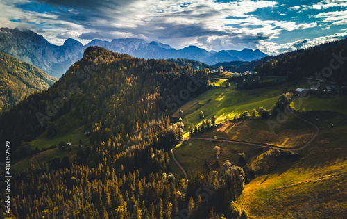 Alpine countryside landscape with high mountains. Kamnik Savinja Alps, Logar valley, Slovenia, Europe photo