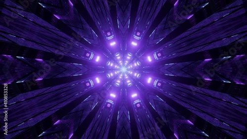 3D illustration crystal tunnel with violet illumination
