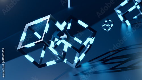 3d render of blochain cobes in neon blue light. Big data concept. Artificial intellegence. abstract tech background photo