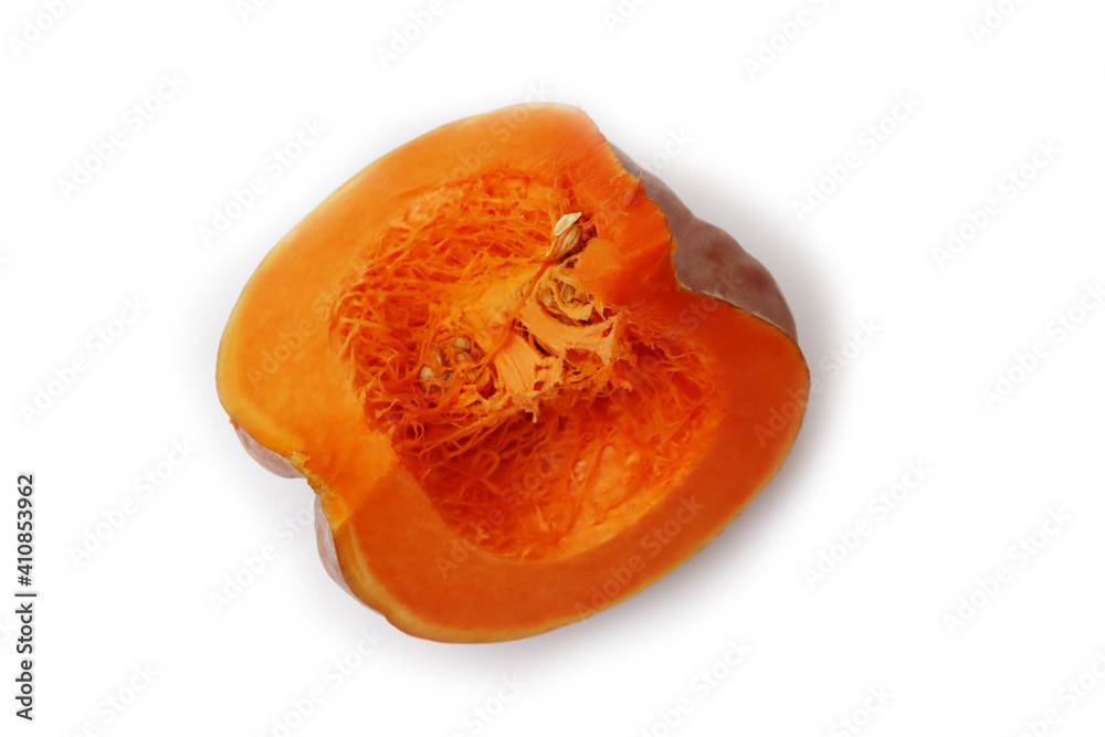 Cut Musque de provence or fairytale orange pumpkin isolated on white background. Cucurbita moschata on white Cut Musque de provence or fairytale orange pumpkin isolated on white background. Cucurbita moschata on white