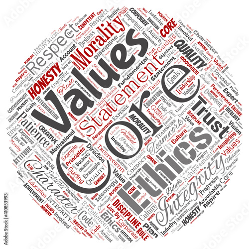 Vector conceptual core values integrity ethics round circle red concept word cloud isolated background. Collage of honesty quality trust, statement, character, perseverance, respect and trustworthy