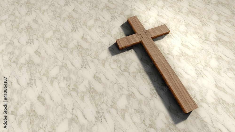 Concept or conceptual wooden cross on a pattern white marble background. 3d illustration metaphor for God, Christ, Christianity, religious, faith, holy, spiritual, Jesus, belief or resurection
