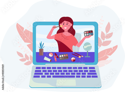 Online school, visage courses. Female blogger, freelancer of the fashion industry teaches how to do makeup from home online on his channel, blog. Vector graphics