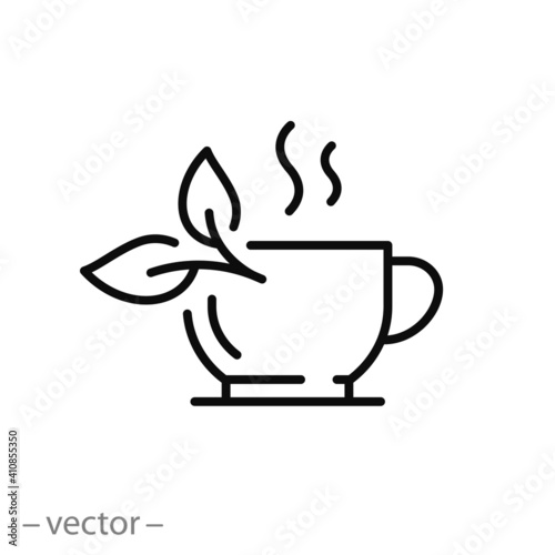 hot green or black tea, preparation aroma drink icon, herbal leaf, cup with steam, mug, thin line web symbol on white background - editable stroke vector illustration