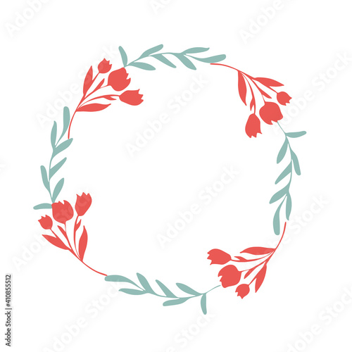 A wreath of red tulips and a green branch on a white background