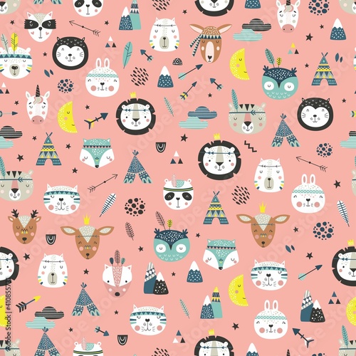 Cartoon cute animal tribal faces. Boho cute animals vector pattern. Creative texture in Scandinavian style. Great for fabric  textile Vector Illustration 