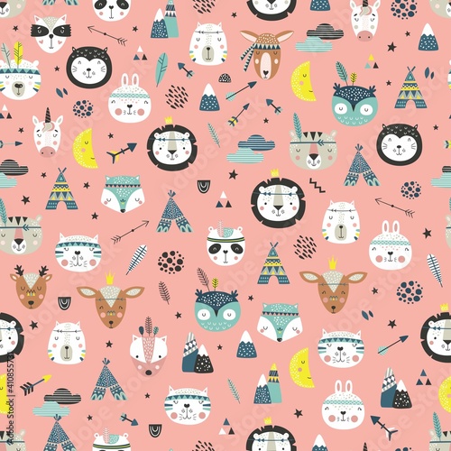 Wallpaper Mural Cartoon cute animal tribal faces. Boho cute animals vector pattern.
Creative texture in Scandinavian style. Great for fabric, textile Vector Illustration
 Torontodigital.ca