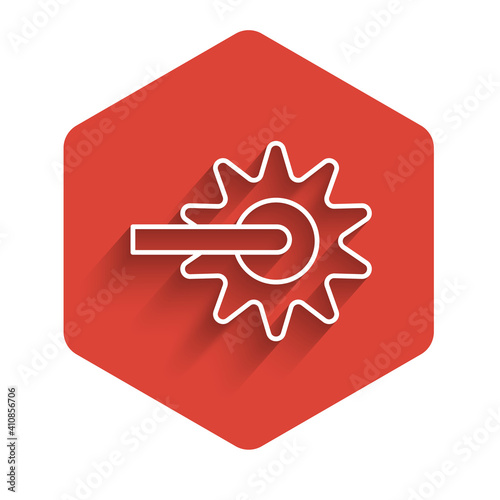 White line Cowboy horse riding spur for boot icon isolated with long shadow. Red hexagon button. Vector.