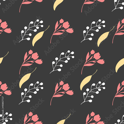 Pattern of red tulip, white twig and yellow leaf